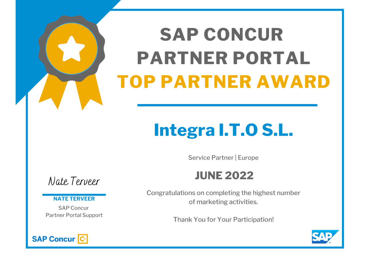 Integra ha obtenido el certificado por parte de SAP Concur Partner Portal como "Top Partner" en junio de 2022.