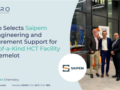 Aduro elige a Saipem para que le preste apoyo en ingeniería y aprovisionamiento para la primera instalación de HCT de este tipo en Chemelot